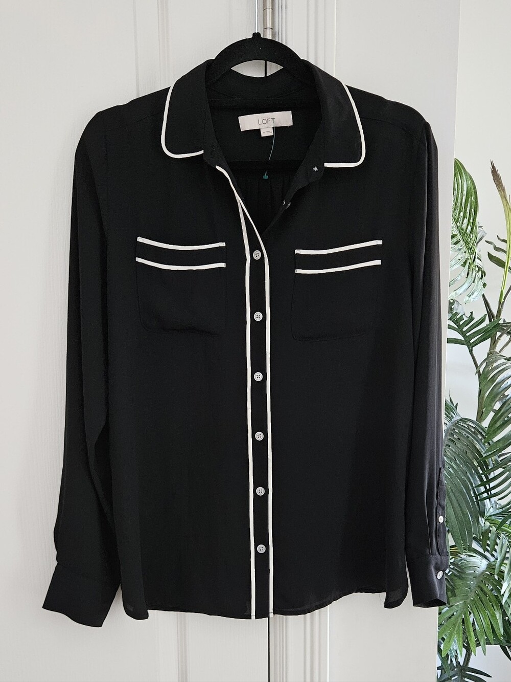 LOFT Black Button-Up Blouse with White Piping